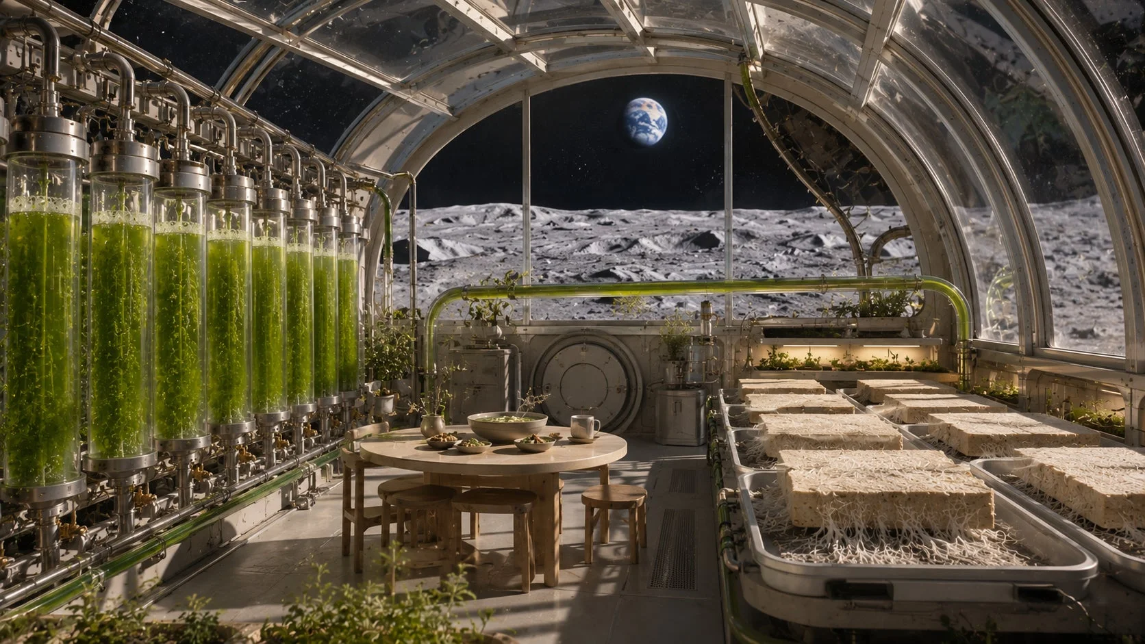 月面基地内の温室で植物が栽培されている様子