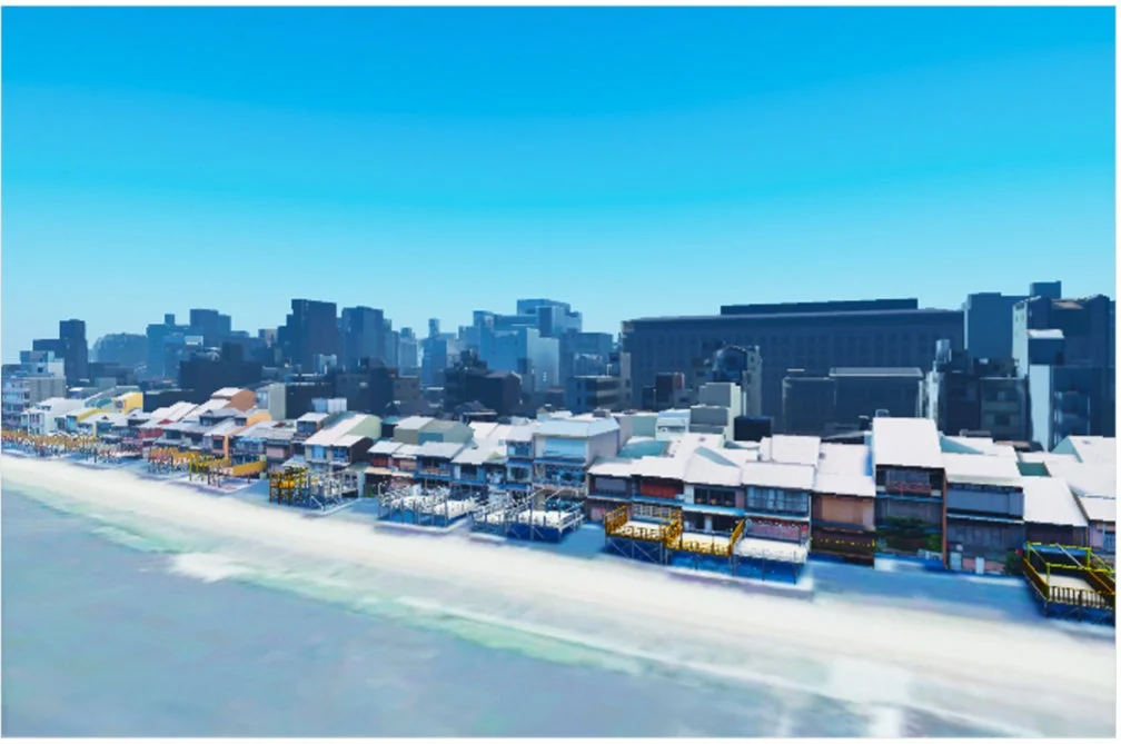 水辺に沿って立ち並ぶ多様な建物と都市の風景