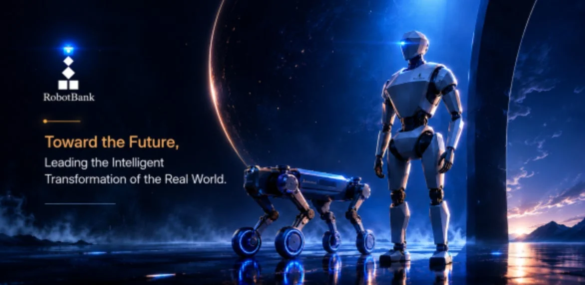未来的な宇宙空間を背景に人型ロボットと四足歩行ロボットがたたずむ