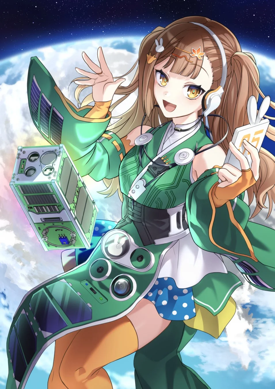 宇宙空間で地球を背景にアニメの少女とキューブサット