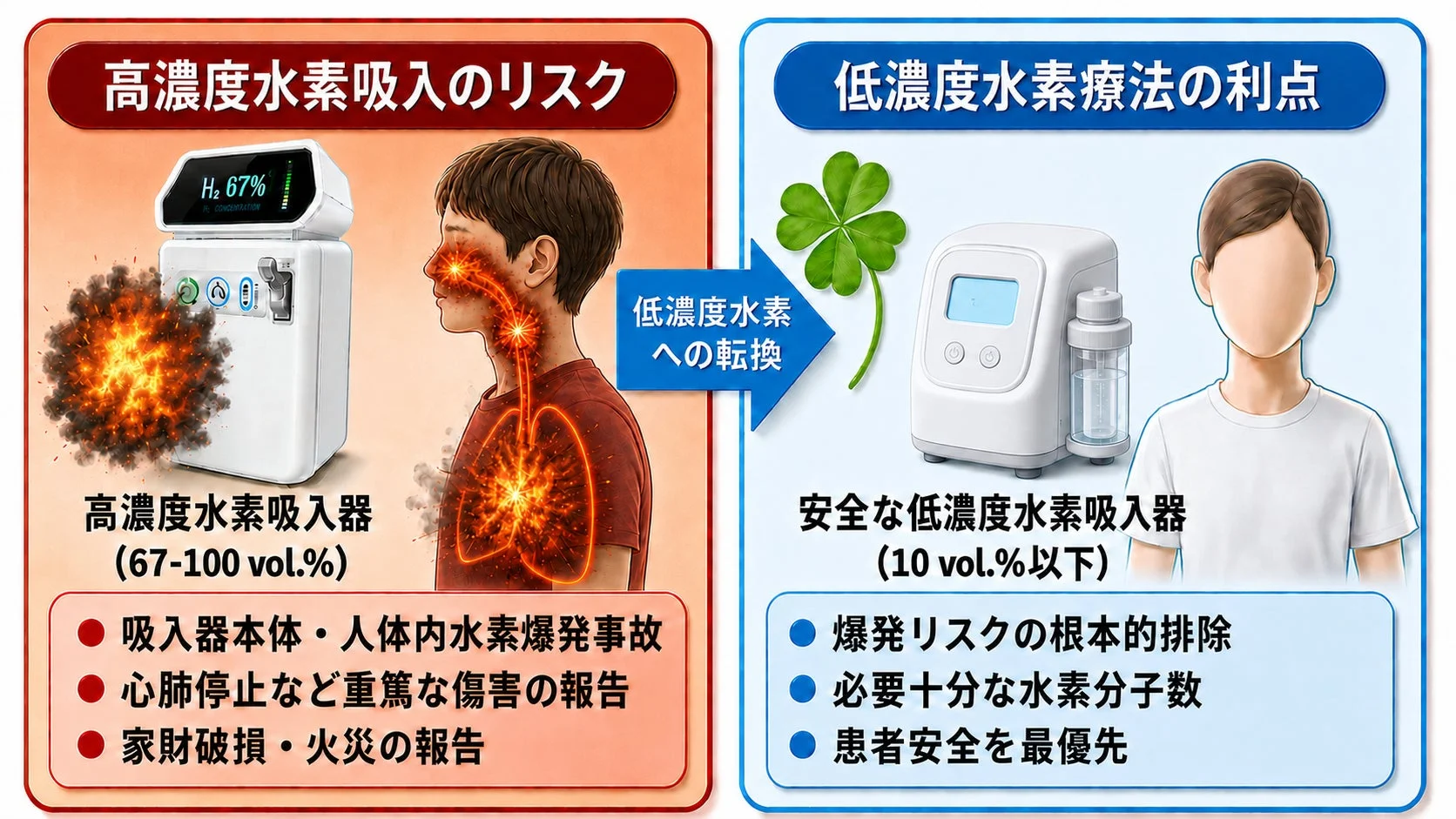 高濃度水素吸入のリスクと低濃度水素療法
