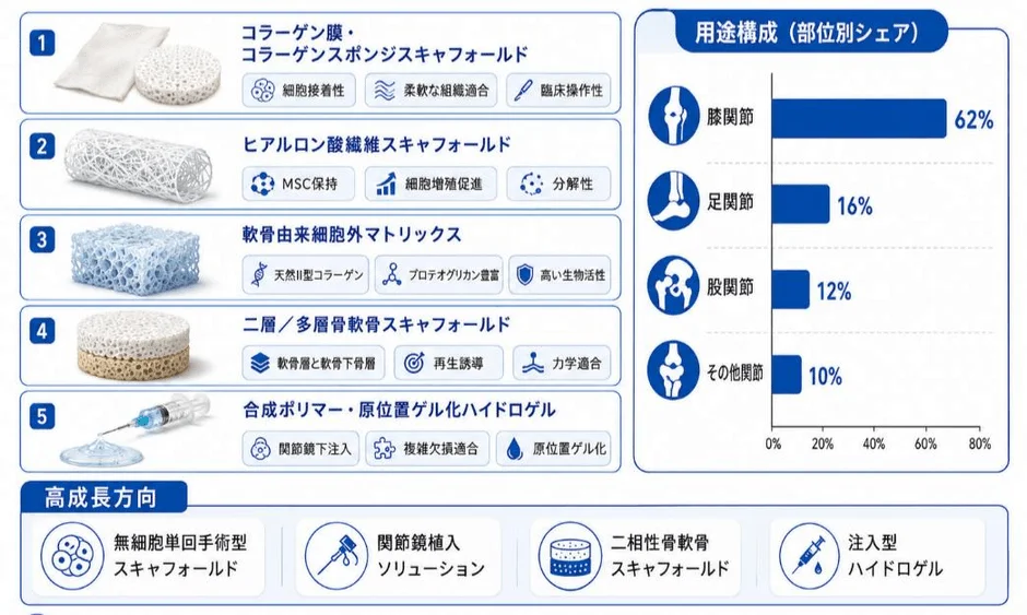 軟骨修復用スキャフォールドの製品分類と用途構成