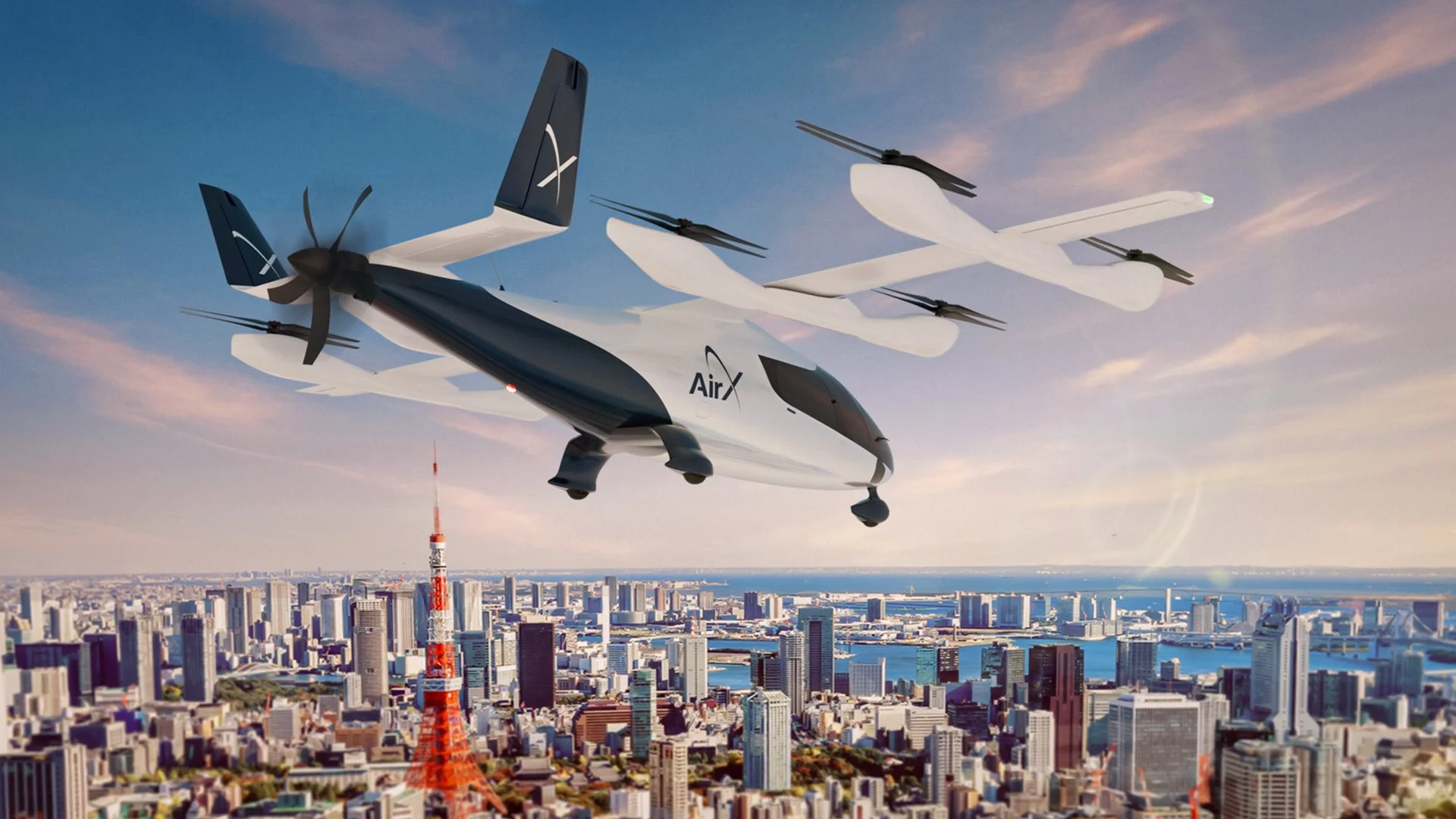 未来の都市上空を飛行するeVTOL機