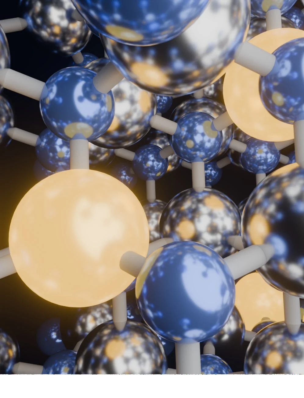光る黄色の球体と反射する青色の球体が棒で結合された、複雑な分子または結晶構造の3Dレンダリング画像