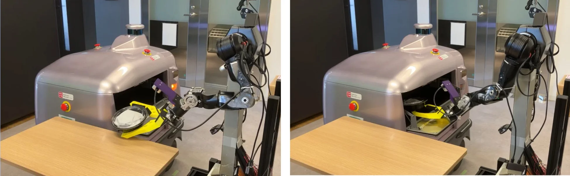 ロボットがロボットアームを使ってトレイのような物体を操作している様子
