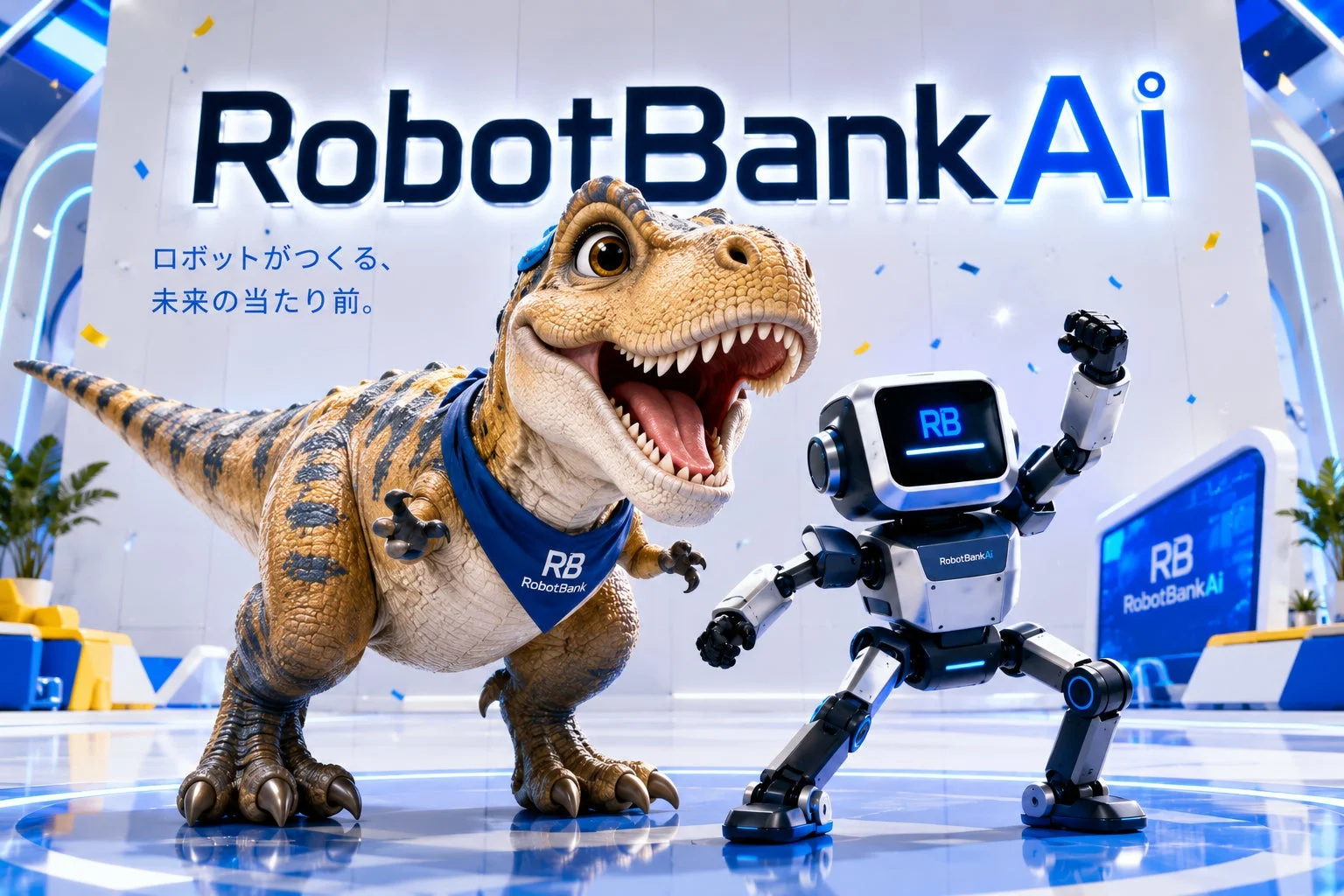 RobotBank Aiのロゴの下で、恐竜とロボットがポーズをとる未来的な広告。ロボットが作る、未来の当たり前を表現している。