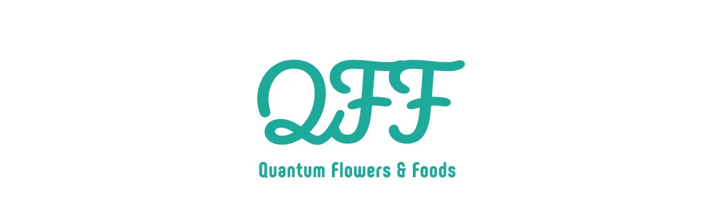 「QFF」というスタイリッシュなロゴと、その下に「Quantum Flowers & Foods」という社名が書かれたシンプルな企業ロゴ画像