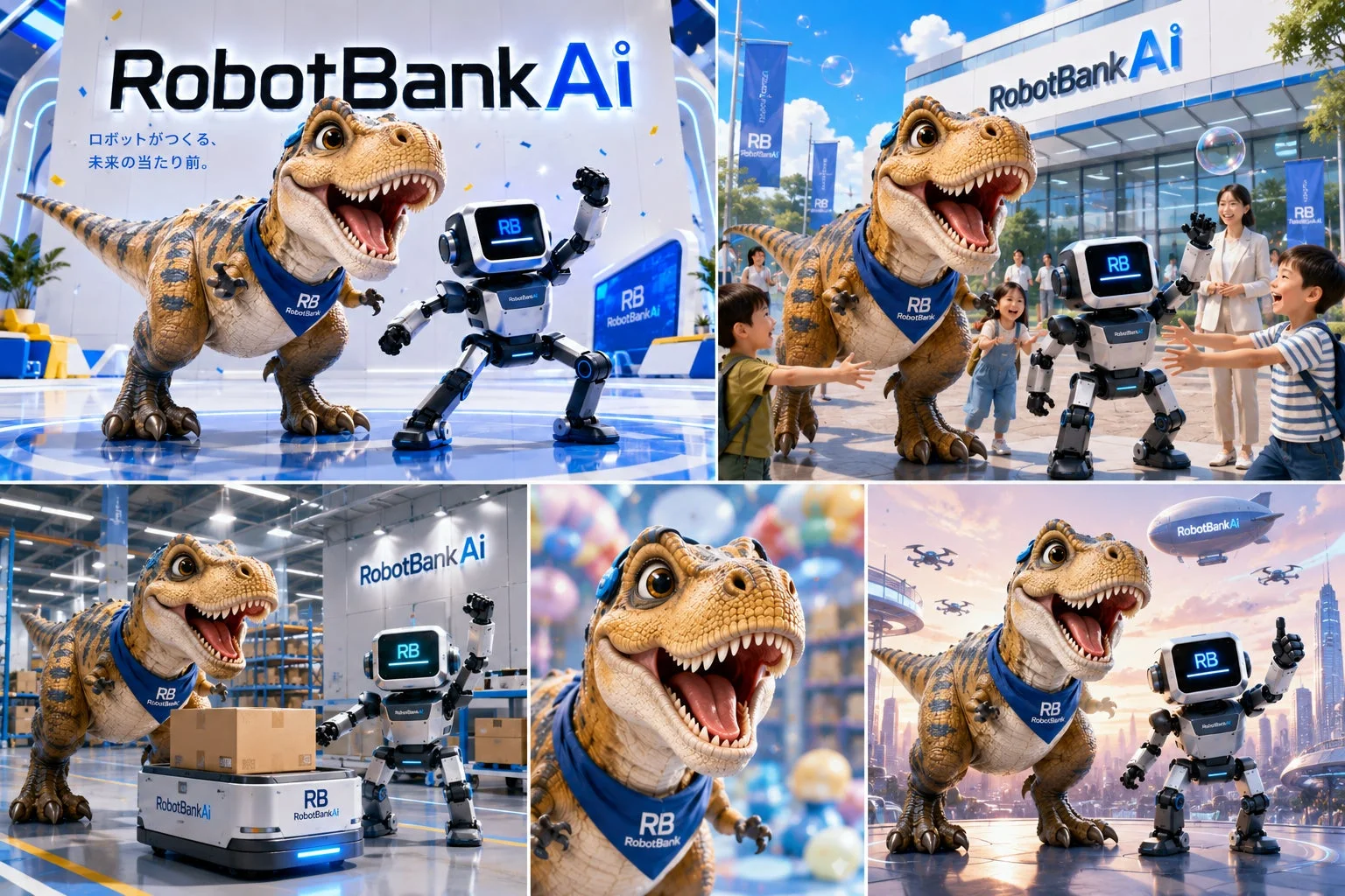RobotBank Aiの広告で、ロボットと恐竜のマスコットが活躍する未来の世界を描いています。子供たちとの触れ合い、倉庫での作業、未来都市の風景など、AIとロボットが日常に溶け込む様子が表現されています。