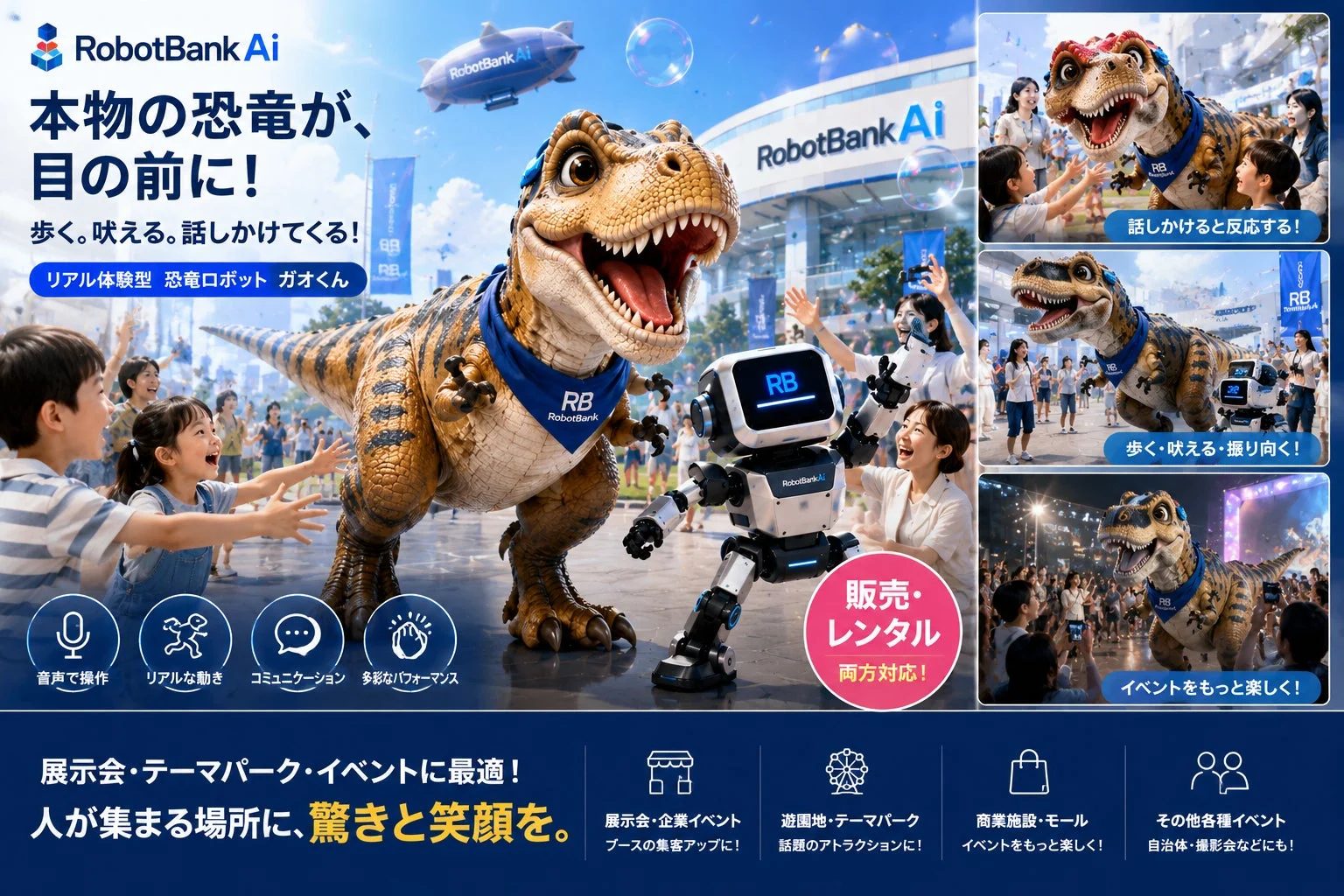 RobotBank Aiの恐竜ロボット「ガオくん」の広告。リアルな動きと音声対話でイベントやテーマパークに驚きと笑顔を届けます。販売・レンタル可能で、多様な場所での集客に貢献します。