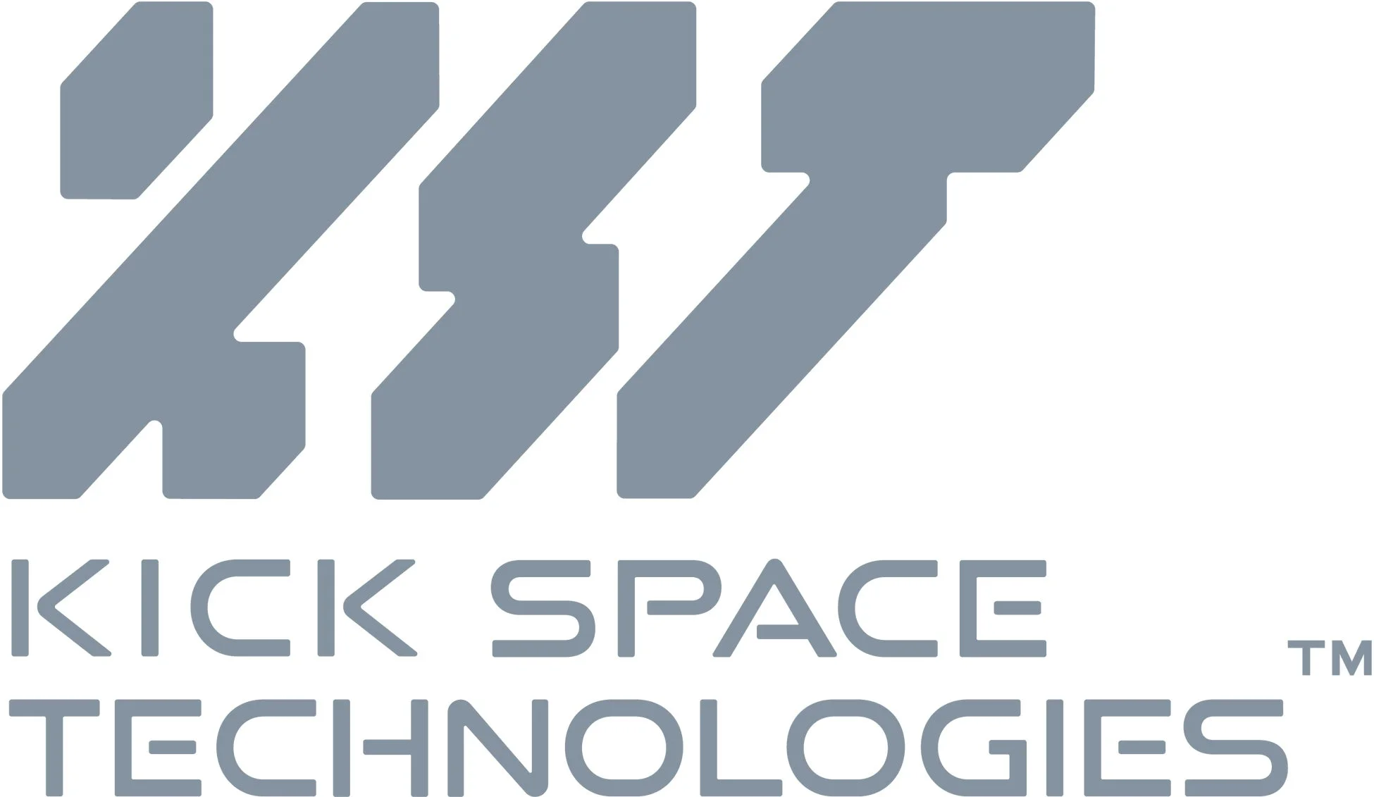 「KICK SPACE TECHNOLOGIES」のロゴマークです。未来的な印象の書体で企業名が記載されており、その上には抽象的なデザインのシンボルマークが配置されています。色はグレーで統一され、シンプルで洗練された印象を与えます。